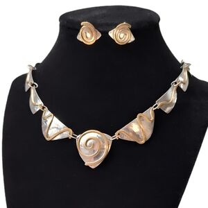 Vintage Sterling Silver Bronze Swirl Hand wrought Modernist Necklace Earring Set